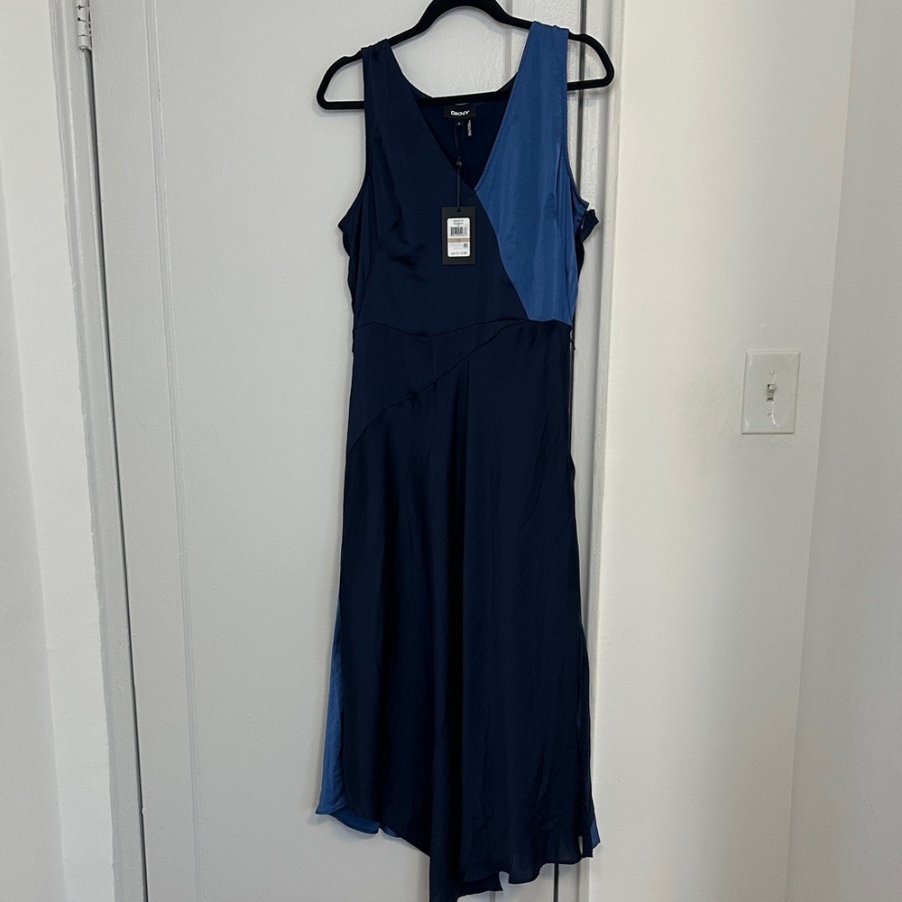 DKNY Asymmetrical Midi Cocktail Dress - two toned: Navy and Blue